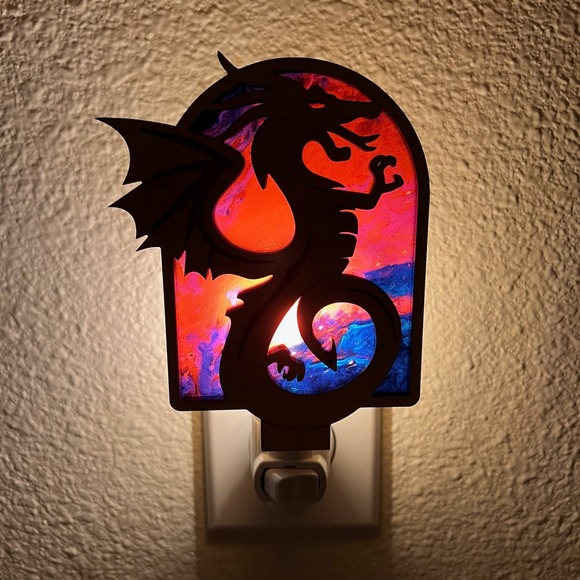 Bone and Bloom Other - Dragon Night Light Plug In Wood Laser Cut Stained Glass Effect